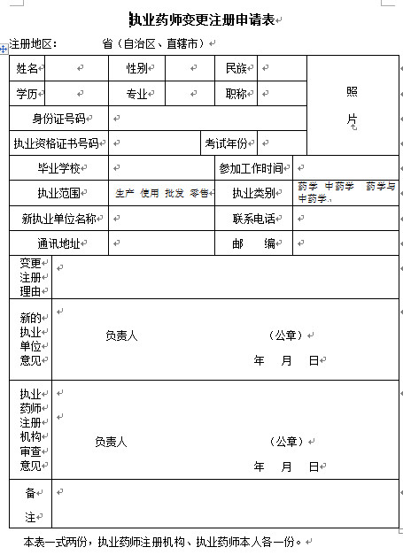 執(zhí)業(yè)藥師變更注冊申請表