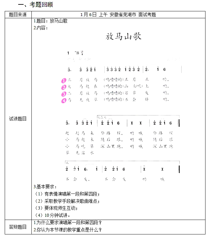 2017下半年教師資格證面試真題及答案：小學(xué)音樂《放馬山歌》