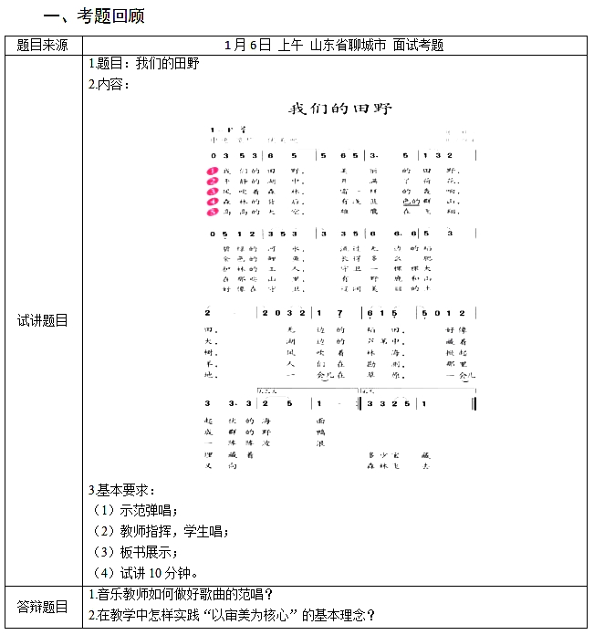 2017下半年教師資格證面試真題及答案：小學(xué)音樂《我們的田野》