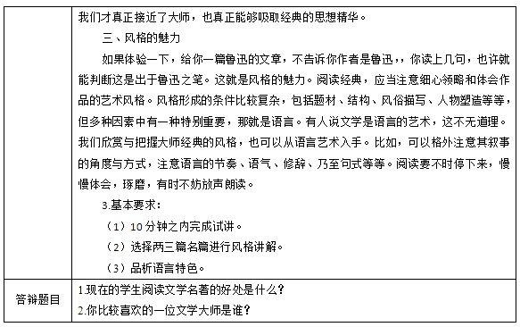 2018上半年高中語文教師資格面試真題及答案：《走近文學大師》考題回顧2