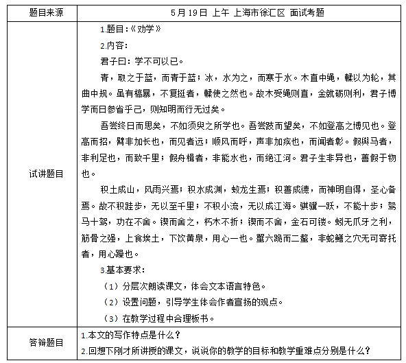 2018上半年高中語文教師資格證面試真題及答案：《勸學》考題回顧